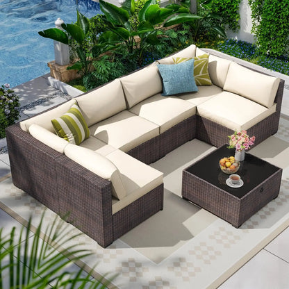 7 Piece Outdoor Patio Furniture Set, Outdoor Sectional Furniture, Rattan & Wicker Modern.