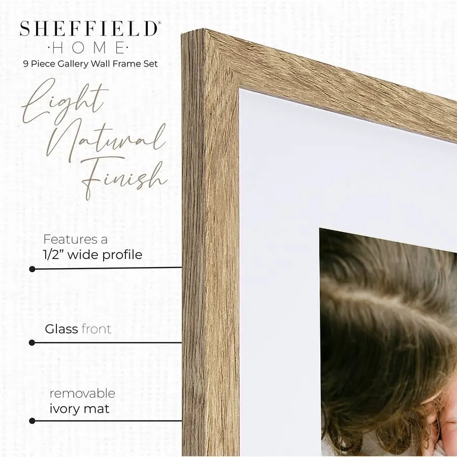 9 Piece Gallery Wall Frame Set, 12x12 in. Matted to 8x8 in. Light Natural