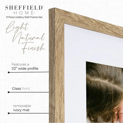 9 Piece Gallery Wall Frame Set, 12x12 in. Matted to 8x8 in. Light Natural