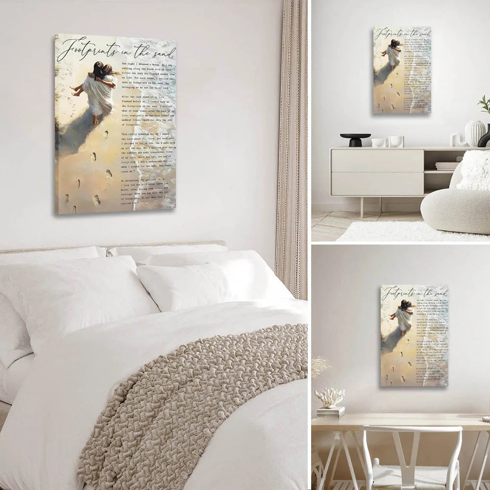 Framed Jesus Holding Woman Wall Art, Footprints in The Sand Canvas Painting Print Christian Inspirational Quotes.