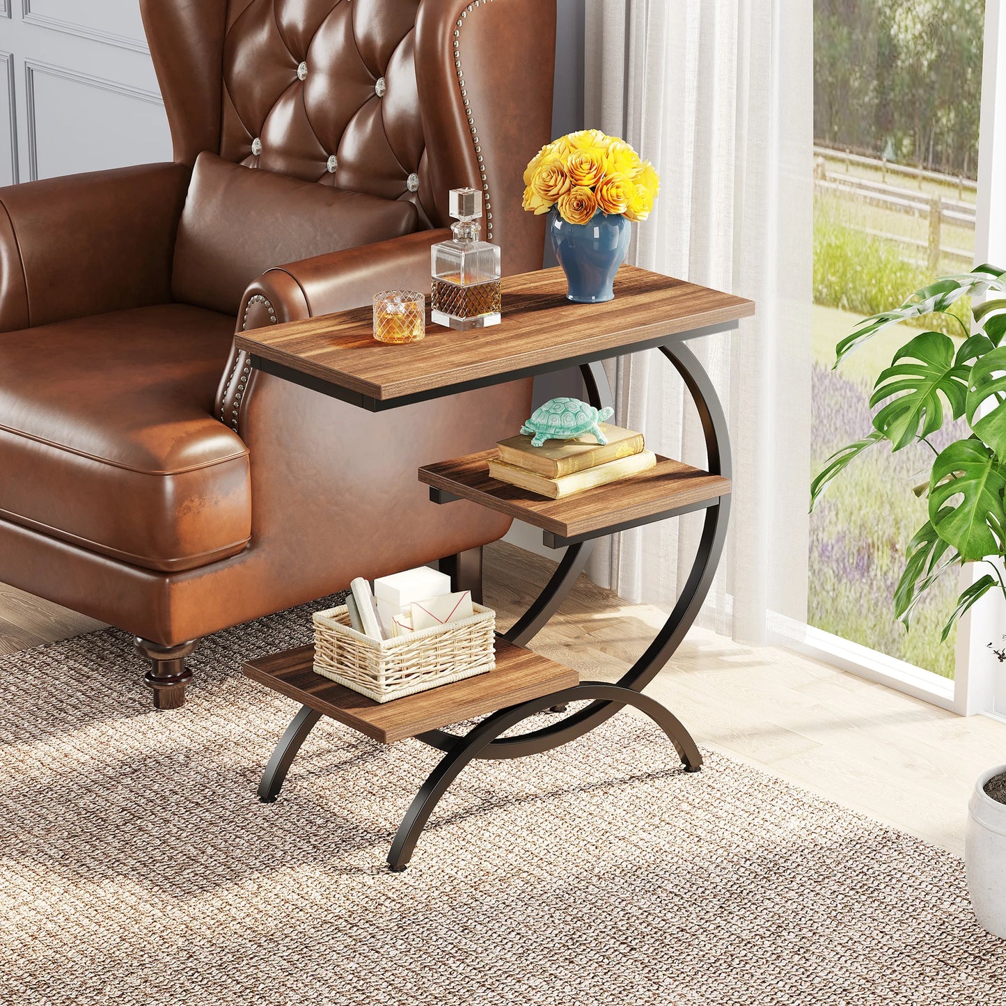 Tribesigns C-Shaped End Table, Industrial 3-Tier Small Table, Wood Bedside Table, with Storage Shelves.