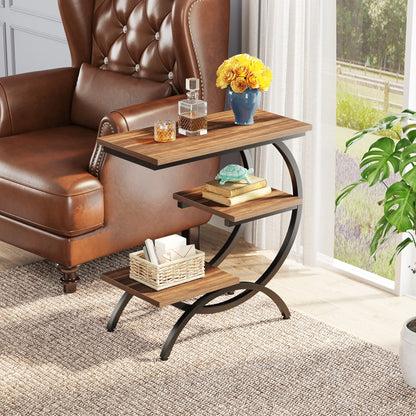 Tribesigns C-Shaped End Table, Industrial 3-Tier Small Table, Wood Bedside Table, with Storage Shelves.