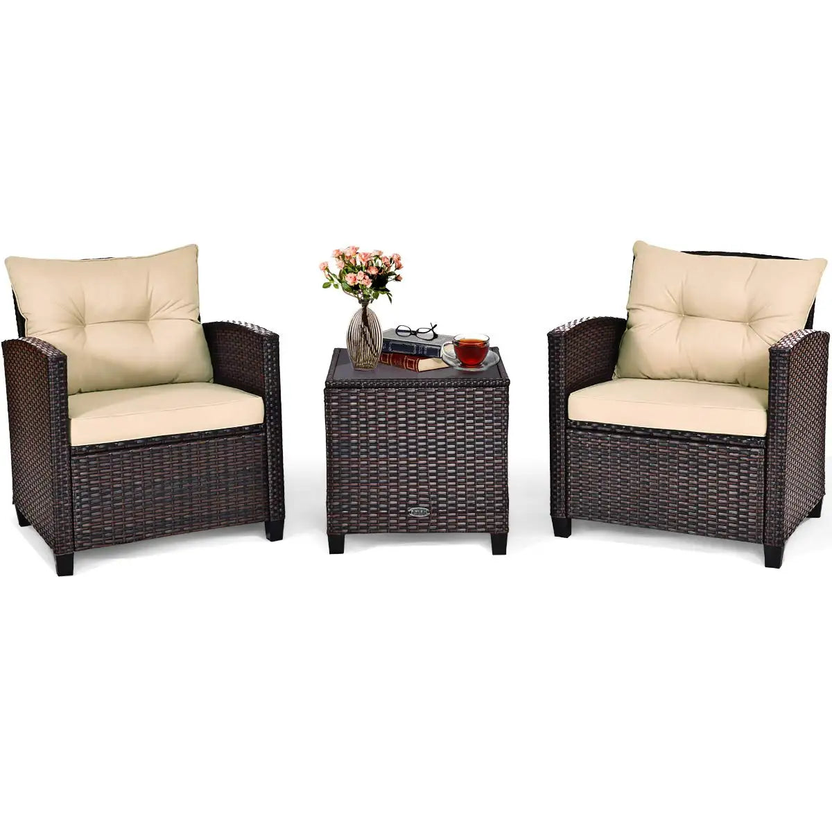 3 Pieces Patio Furniture Set, PE Rattan Wicker Outdoor Sofa Set w/Washable Cushion and Tempered Glass.