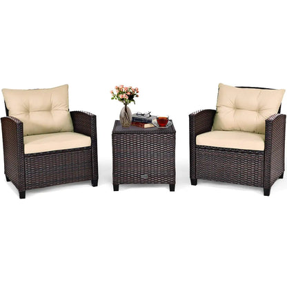 3 Pieces Patio Furniture Set, PE Rattan Wicker Outdoor Sofa Set w/Washable Cushion and Tempered Glass.