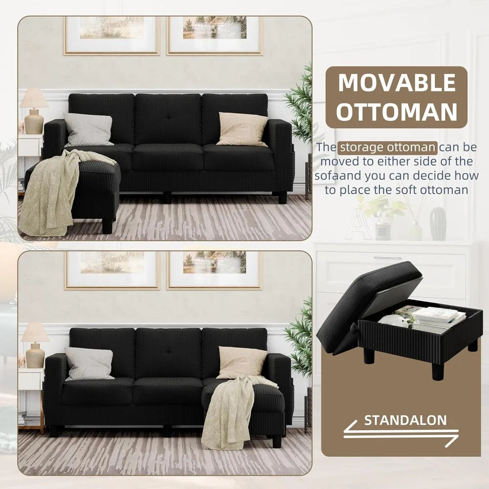 L-Shaped Sectional Sofa with Ottoman, Convertible 3-Seat Couch for Small Spaces.
