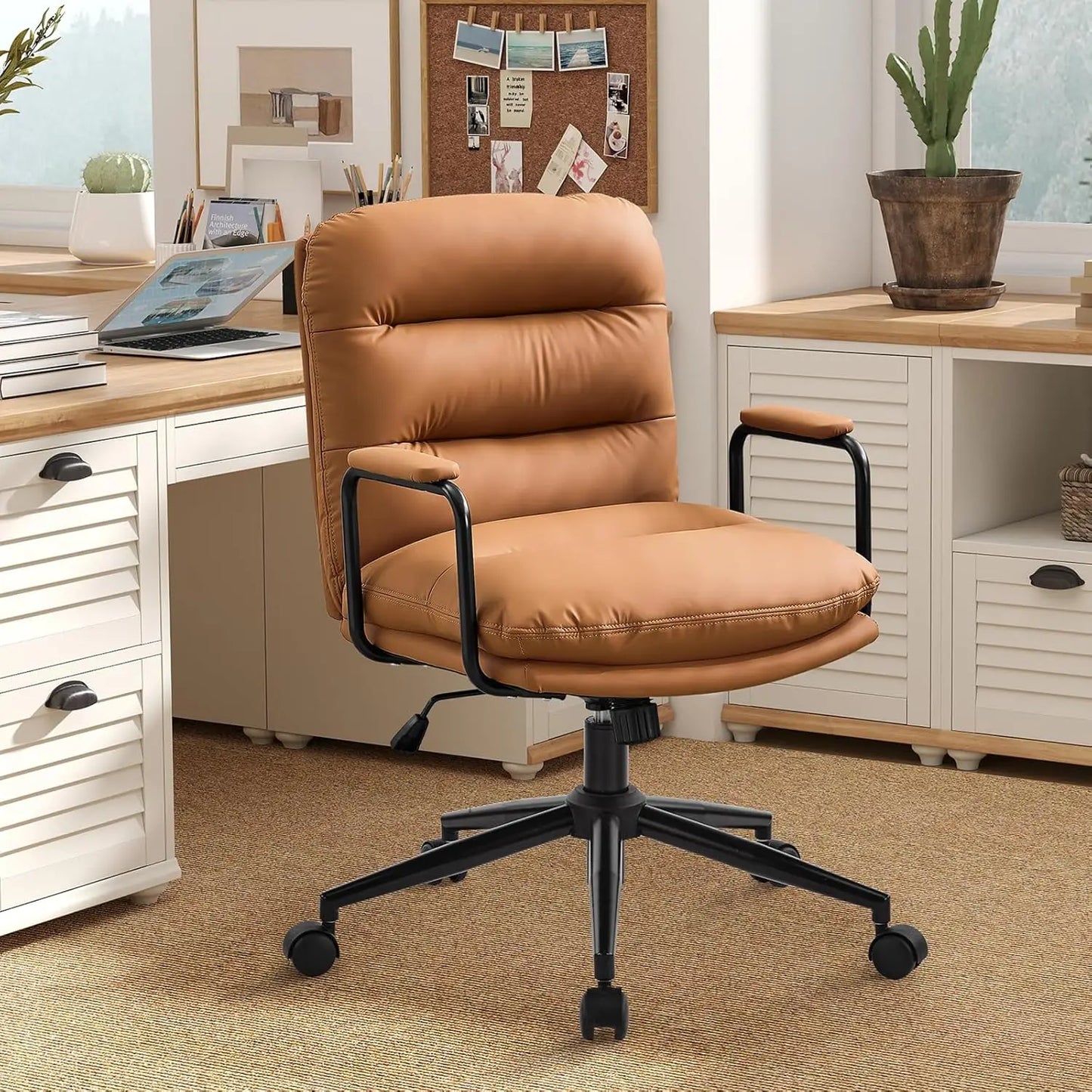 Leather Home Desk Chair, Comfortable Executive Office Chair with Wheels, Adjustable Height.