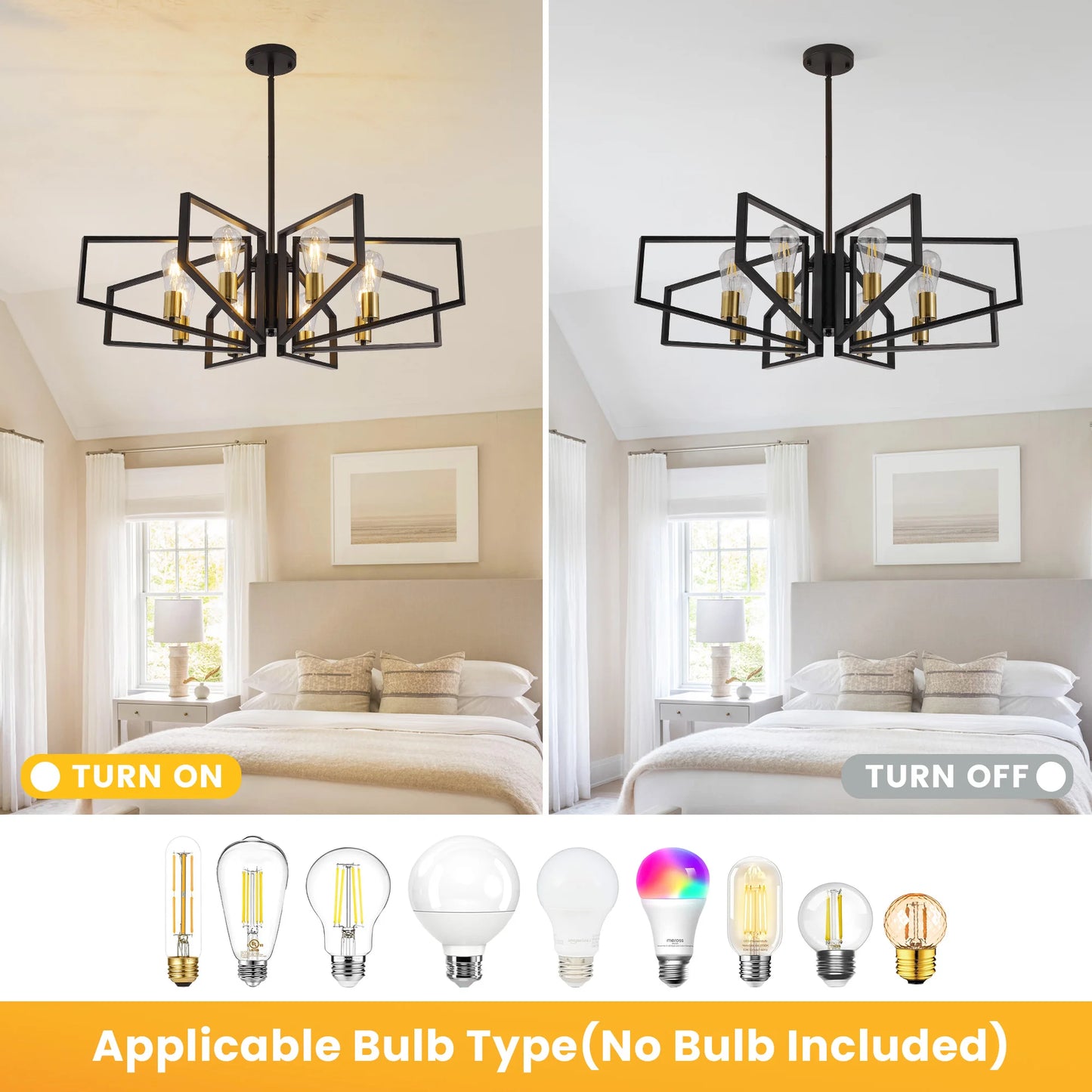 8-Light Geometric Chandelier Adjustable Height Metal Pendant Light with Black Frame & Golden Accents.