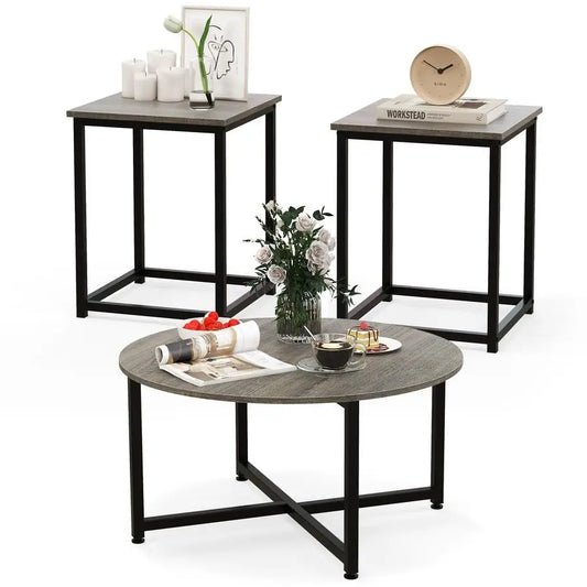 Coffee Table Set of 3, Wood Grain Round Coffee Table and 2 Square End Side Tables, Metal Frame, 3Piece Living Room