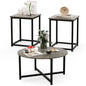 Coffee Table Set of 3, Wood Grain Round Coffee Table and 2 Square End Side Tables, Metal Frame, 3Piece Living Room