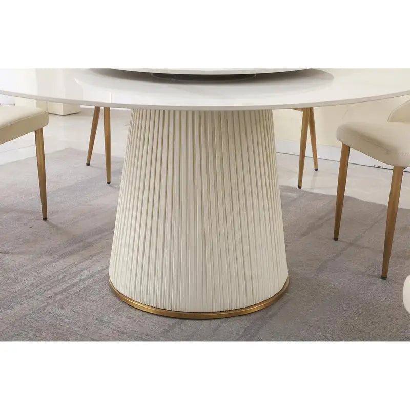 Modern Sintered Stone Dining Table Set with Round Turntable and 8 Chairs on Exquisite Pedestal