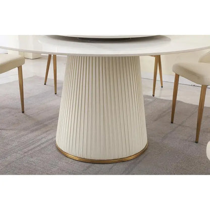 Modern Sintered Stone Dining Table Set with Round Turntable and 8 Chairs on Exquisite Pedestal