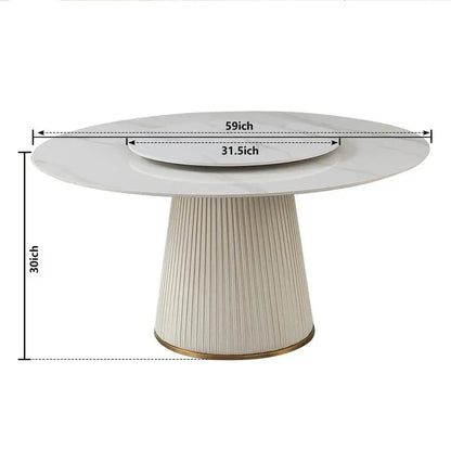 Modern Sintered Stone Dining Table Set with Round Turntable and 8 Chairs on Exquisite Pedestal