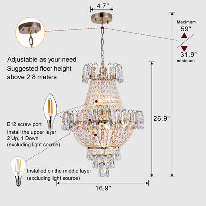 16.9" Luxury Retro Crystal Chandelier European Style Imperial Style Copper.