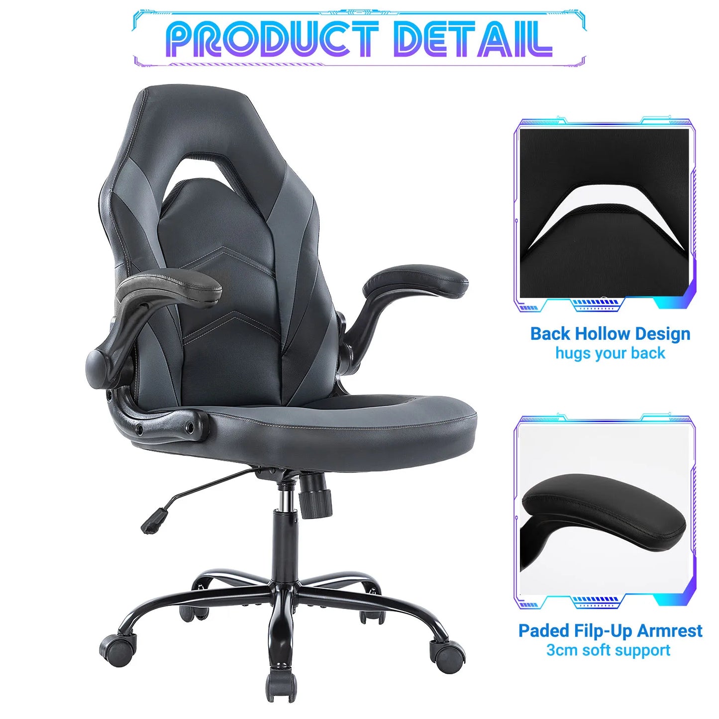 Ergonomic Office Computer Home Gaming Desk Chair Adjustable PU Leather, Flip-up Armrest.