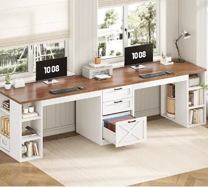 96.5" Computer Desk with Drawers,2 Person Home Office Desk, Double Desk with Storage Shelves.