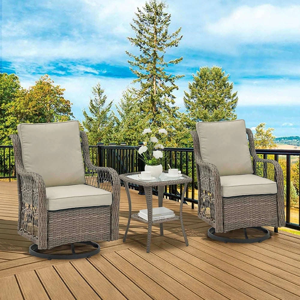 3-Piece Wicker Swivel Rocking Patio Set, 2 Chairs & Glass Table, Outdoor Furniture for Porch & Backyard.