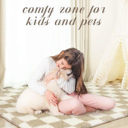 Soft Rug for Bedroom, 6x9 Ft Beige and White Area Rug Classic Checkered Shaggy Antiskid.