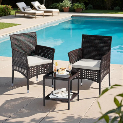 Outdoor 3 Piece Patio Furniture Set Wicker Chairs with Glass-top Coffee Table for Balcony, and Porch.