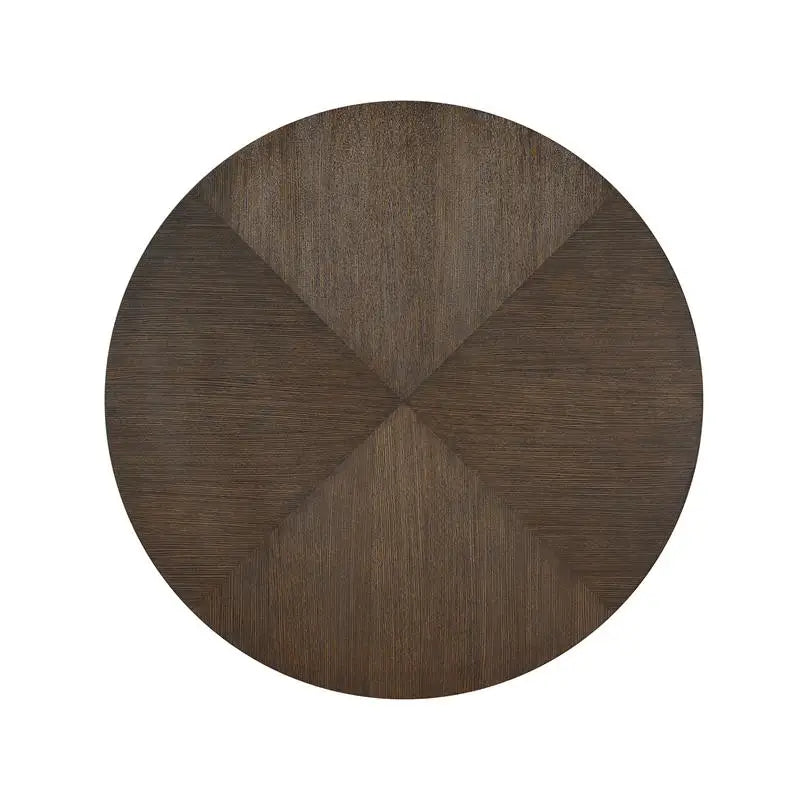 Modern Brown Finish 7-Piece Dining Set with Round Table and 6 Beige Upholstered Side Chairs.