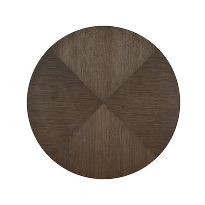 Modern Brown Finish 7-Piece Dining Set with Round Table and 6 Beige Upholstered Side Chairs.