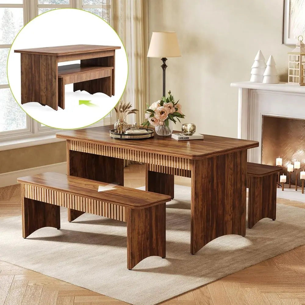 55" Dining Table with 2 Benches, Dining Table Set or 4-6 People.