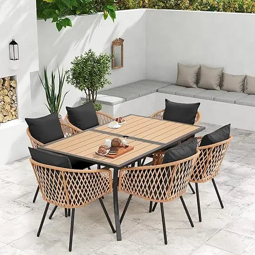5/7/9-Piece All-Weather Rattan Patio Dining Set with 60" Wood Tabletop & Umbrella Hole.