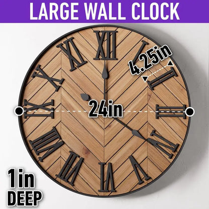 Wall Clock 24 Round Silent Metal amp Wood Large Farmhouse, Decor with 3D Roman Numerals.