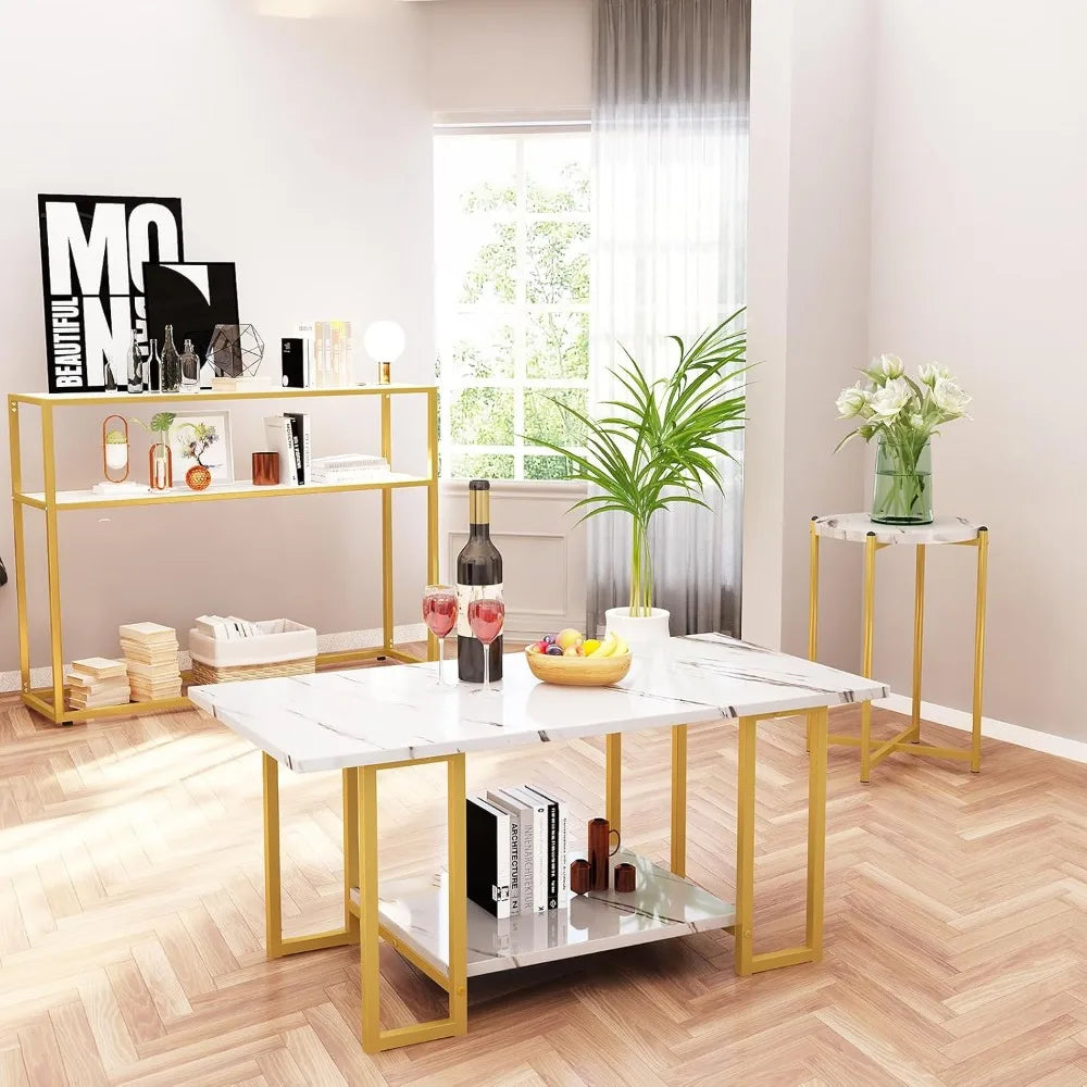 Faux Marble White Coffee Table Set with 3-Tier End Table and Console Tables, for Living Room