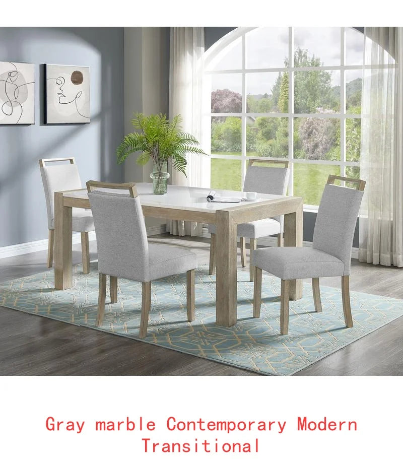 Contemporary 7pc Dining Set with White Faux Marble Rectangular Table and Full Back Upholstered Chairs.