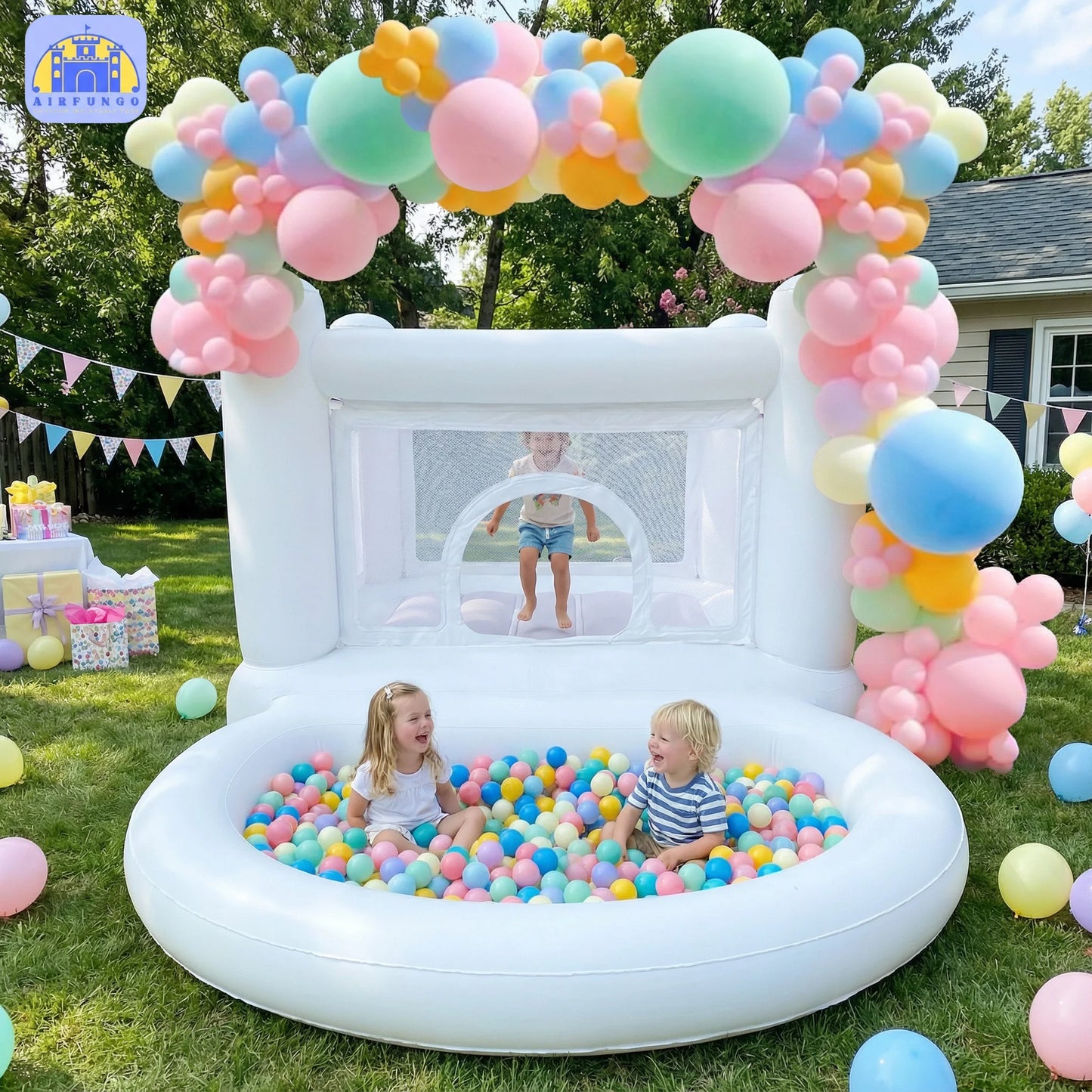 White Bounce House with Pump, Kids Ball Pit, for Kids 3-6 Birthdays Indoor/Outdoor Playhouse.