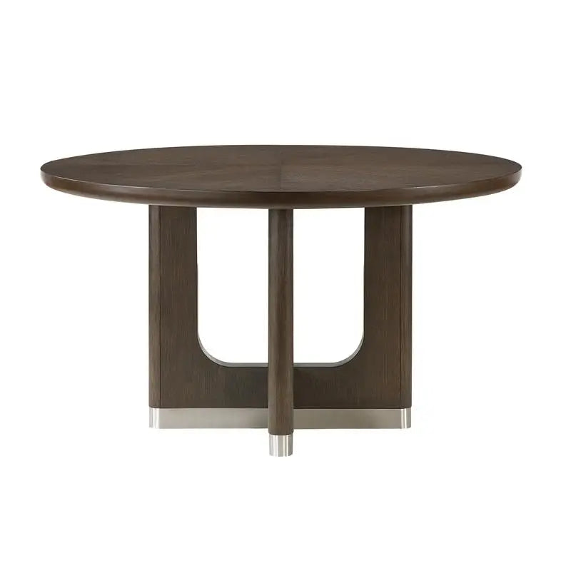 Modern Brown Finish 7-Piece Dining Set with Round Table and 6 Beige Upholstered Side Chairs.