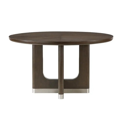 Modern Brown Finish 7-Piece Dining Set with Round Table and 6 Beige Upholstered Side Chairs.