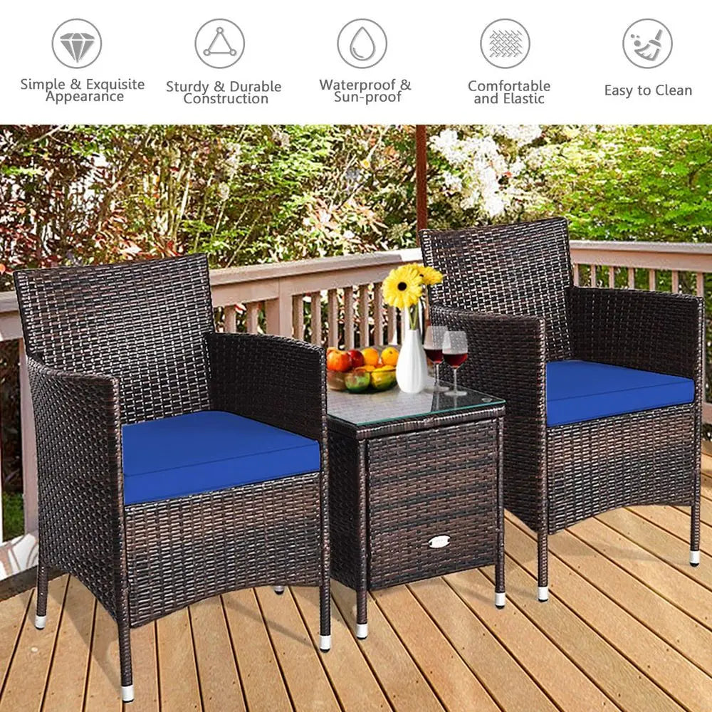 3 Piece Patio Furniture Set Outdoor Rattan Wicker Conversation Set with Coffee Table & Chairs.