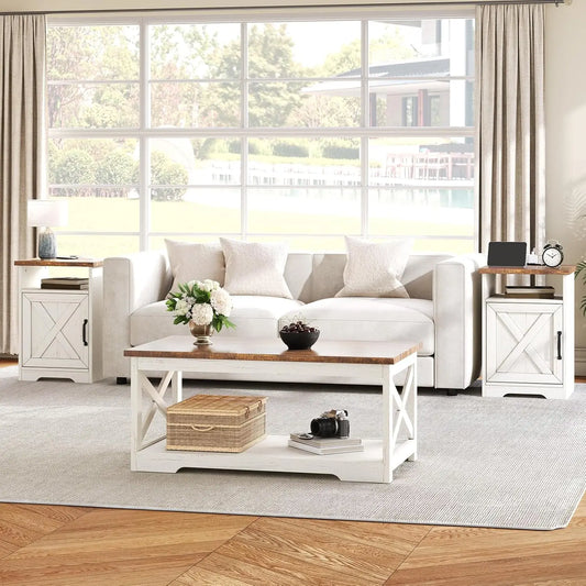 3-Piece Farmhouse Living Room Table Set with Coffee Table, 2 End Tables, Charging Station & USB Ports.