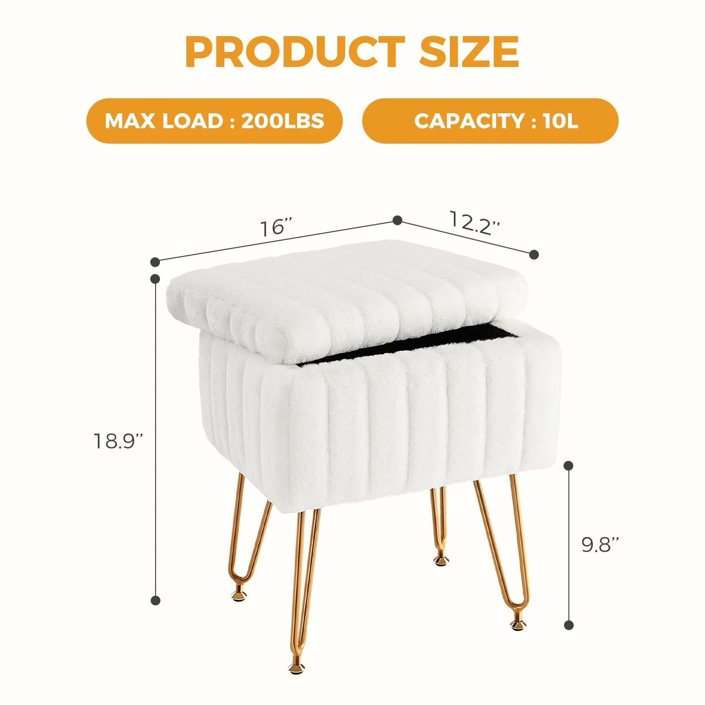 Faux Fur Living Room Hidden Storage Stools & Ottomans Padded with 4 Metal Legs Anti-Slip Adjustable Feet.