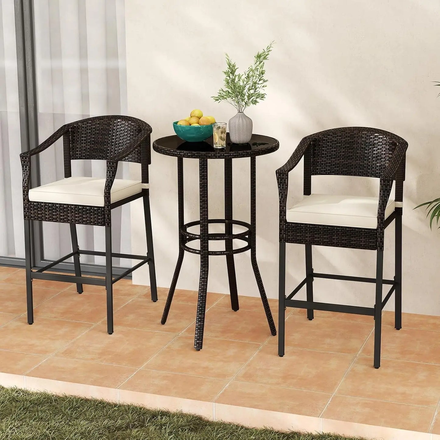 3-Piece Outdoor Bar Set - Patio Wicker Rattan Bar Height Barstools w/Cushions, Round Glass Top Table.