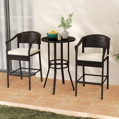 3-Piece Outdoor Bar Set - Patio Wicker Rattan Bar Height Barstools w/Cushions, Round Glass Top Table.