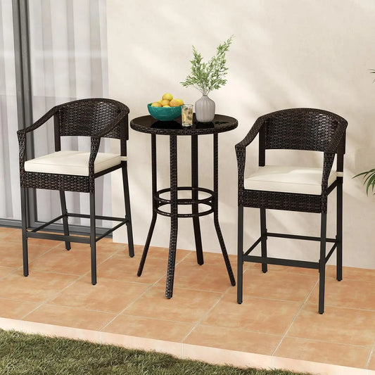 3-Piece Outdoor Bar Set - Patio Wicker Rattan Bar Height Barstools w/Cushions, Round Glass Top Table.