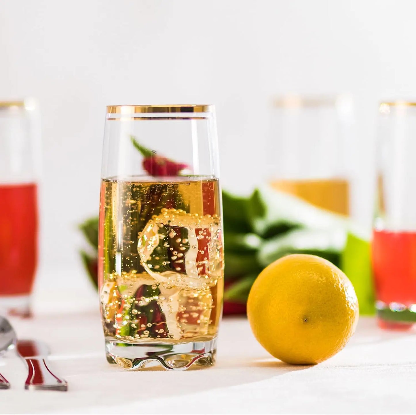 13.25 Oz Gold Rim Glass Set of 6 - Elegant Durable Drinking Glasses for Cocktails, Entertaining.