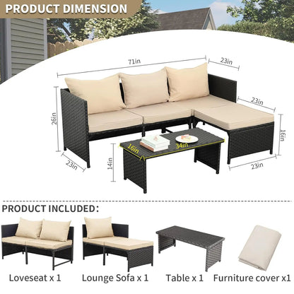 3-Piece Outdoor PE Rattan Furniture Set Patio Black Wicker Conversation Loveseat Sofa Sectional.