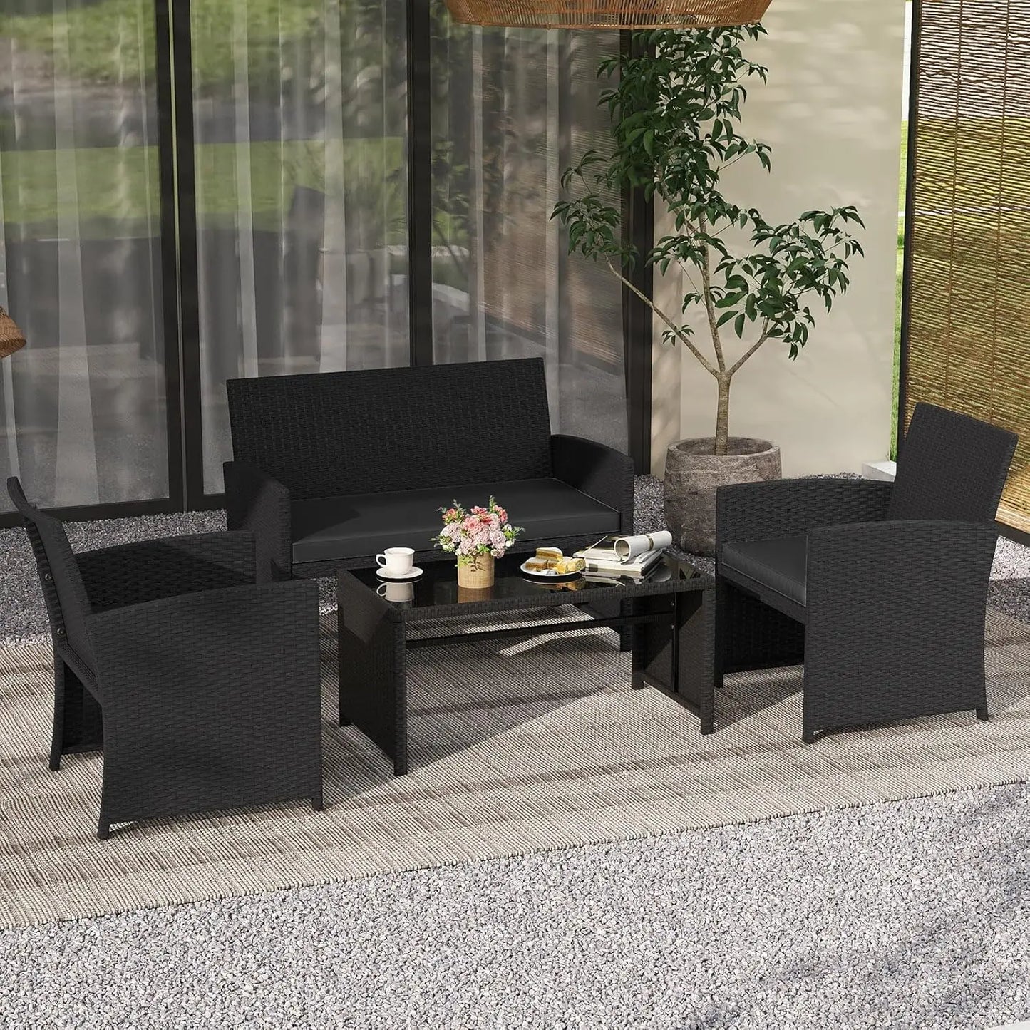 4 Pieces Patio Wicker Furniture Set, Rattan Cushioned Chairs, Loveseat and Tempered Glass Coffee.