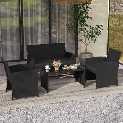4 Pieces Patio Wicker Furniture Set, Rattan Cushioned Chairs, Loveseat and Tempered Glass Coffee.