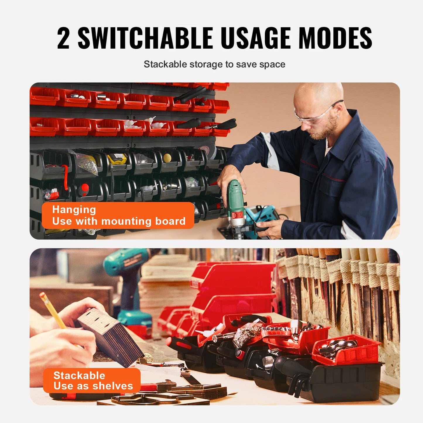 48pcs Parts Storage Bins Wall Mounted Garage Containers with Wall Panels Tool Organizer for Nuts Bolts Screws Nails
