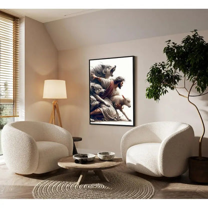 Black Framed Jesus and Lamb Canvas Wall Art Jesus Saves the Lost Sheep Christian Picture Wall Decor.
