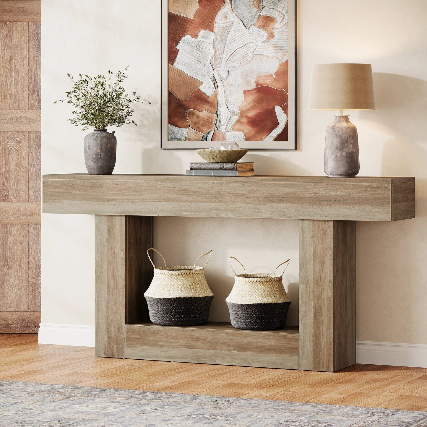 Tribe signs 63" Console Table, Farmhouse 2-Tier Entryway Table with U-Shaped Base, Narrow.
