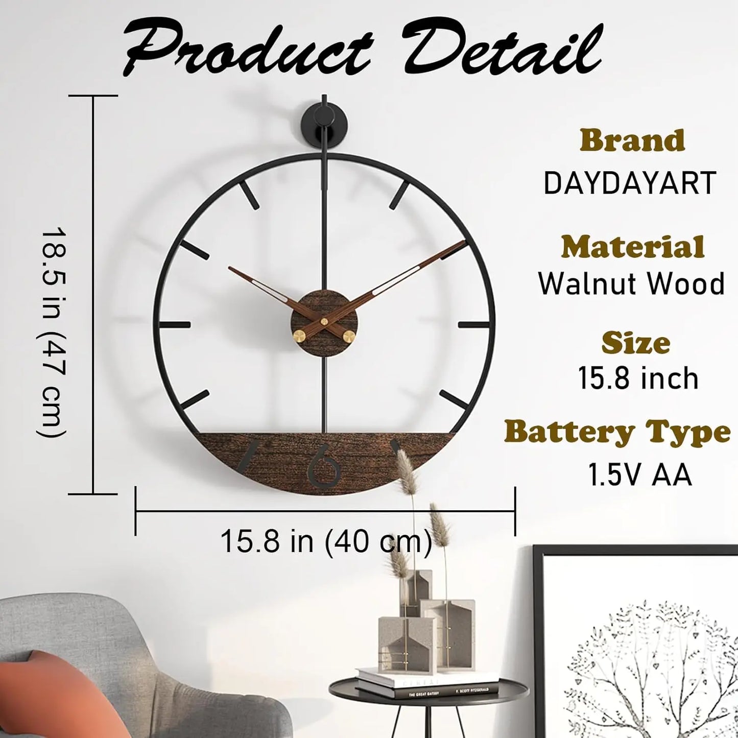 Modern Wood Walnut Dial Wall Clock, Large Simple Wall Decor Metal Frame Silent Non-Ticking Clock.