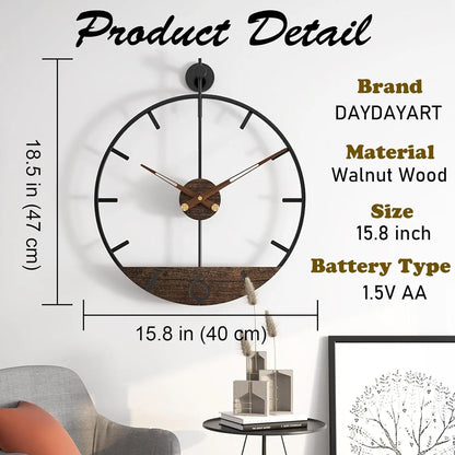 Modern Wood Walnut Dial Wall Clock, Large Simple Wall Decor Metal Frame Silent Non-Ticking Clock.