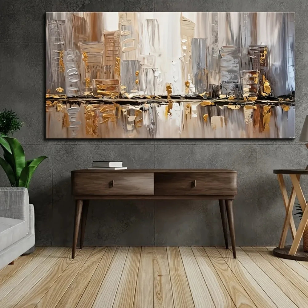 Large modern abstract oil painting, pine frame - elegant Art Deco - neutral tones- gold accents