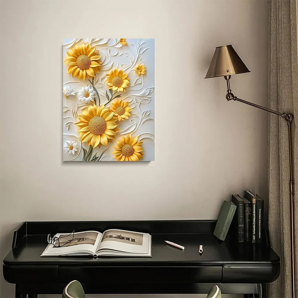 3D relief sunflower canvas art with wood frame, vivid yellow wall printing- living room decor.
