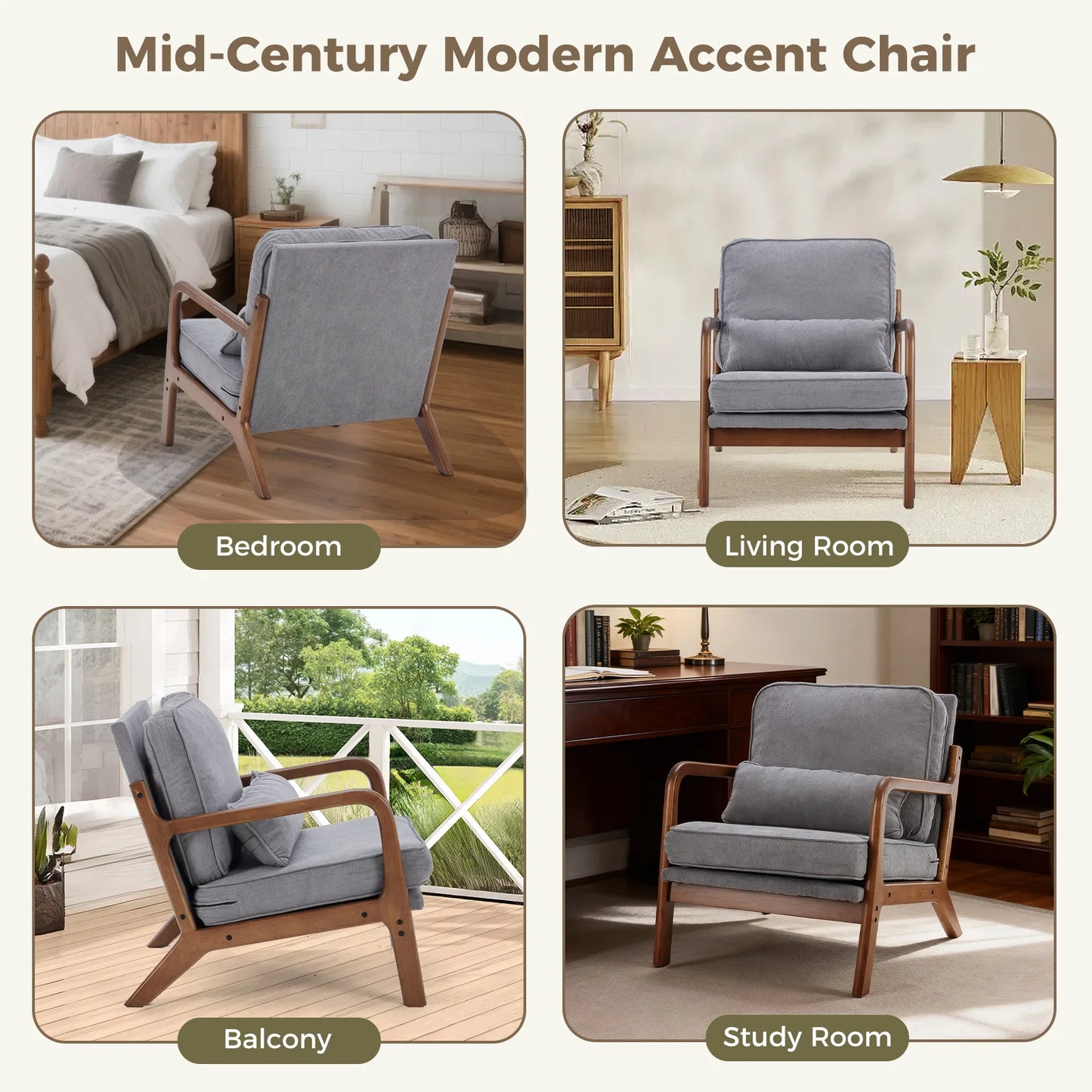 JHK Mid Century Modern Chair Solid Wooden Frame Accent Chair with Arms, Waist Cushion Chair